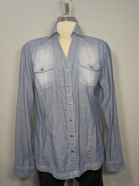 Light Blue Denim-Style Button Front Women's Blouse